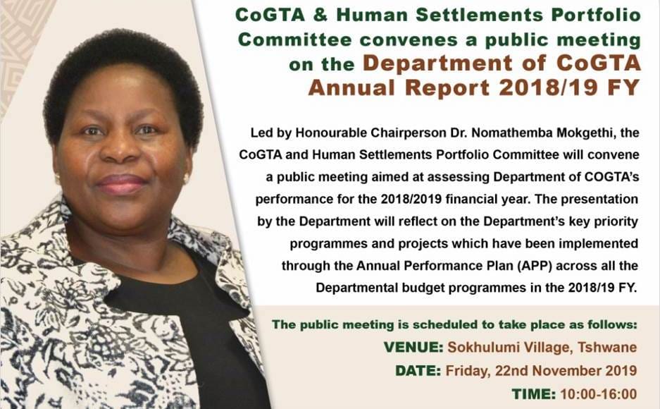 COGTA & Human Settlements Committee convenes public meeting to review COGTA Department’s annual performance