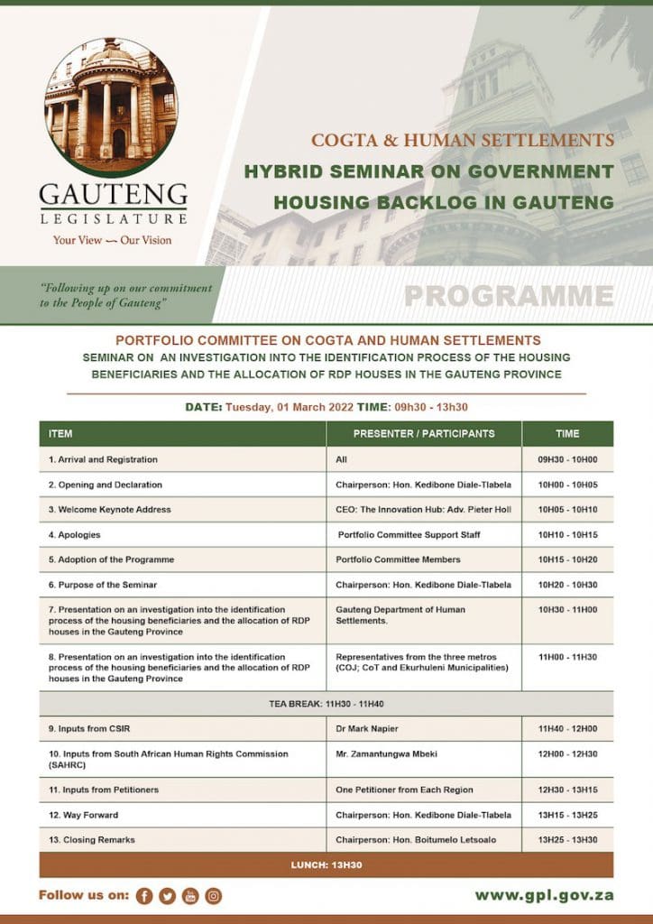 CoGTA and Human Settlements Seminar Programme