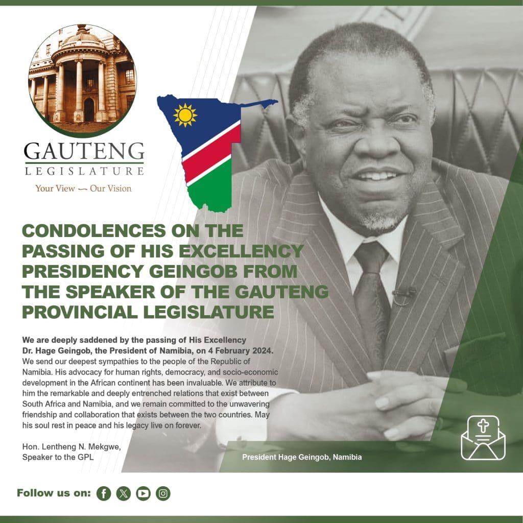 Speaker Ntombi Mekgwe extends condolences on the passing of His Excellency Dr. Hage Geingob, the President of Namibia, on 4 February 2024.